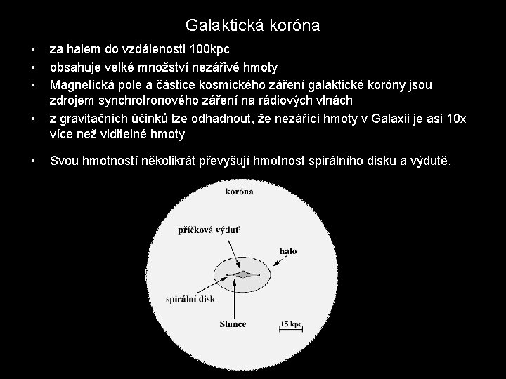 Galaktická koróna • • • za halem do vzdálenosti 100 kpc obsahuje velké množství