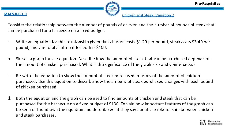 Pre-Requisites MAFS. 8. F. 1. 3 Chicken and Steak, Variation 2 Consider the relationship Pre-Requisites MAFS. 8. F. 1. 3 Chicken and Steak, Variation 2 Consider the relationship