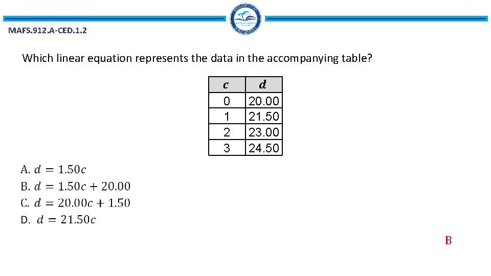 MAFS. 912. A-CED. 1. 2 Which linear equation represents the data in the accompanying