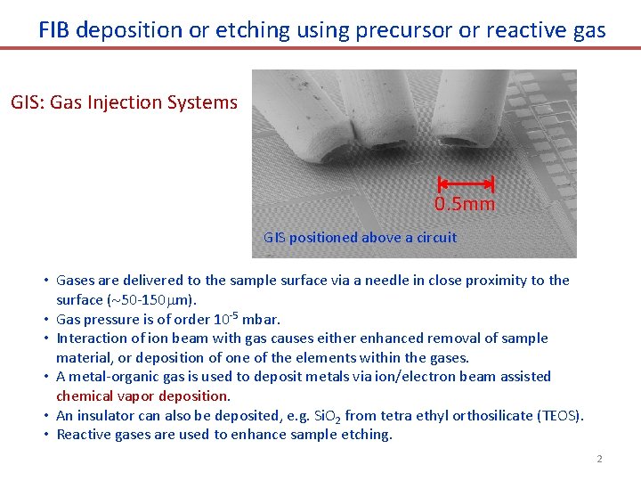 FIB deposition or etching using precursor or reactive gas GIS: Gas Injection Systems 0.