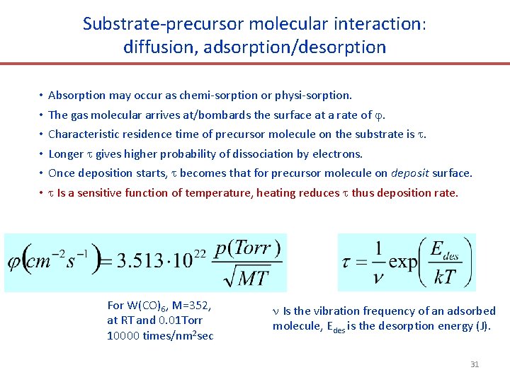 Substrate-precursor molecular interaction: diffusion, adsorption/desorption • • • Absorption may occur as chemi-sorption or