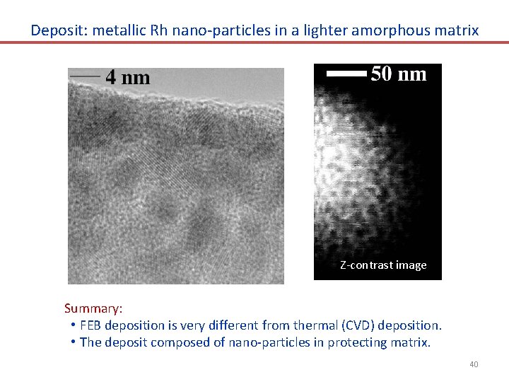 Deposit: metallic Rh nano-particles in a lighter amorphous matrix Z-contrast image Summary: • FEB