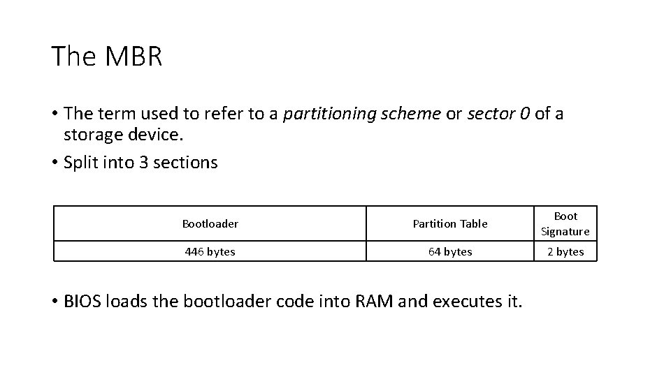 The MBR • The term used to refer to a partitioning scheme or sector