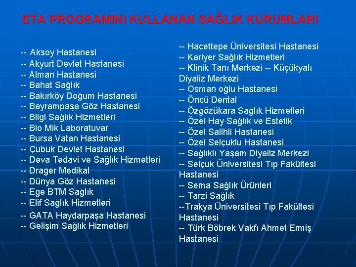 ETA PROGRAMINI KULLANAN SAĞLIK KURUMLARI -- Aksoy Hastanesi -- Akyurt Devlet Hastanesi -- Alman