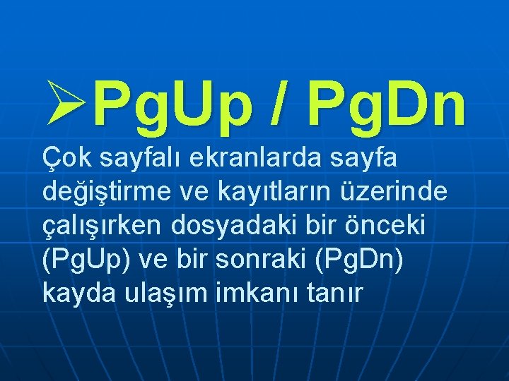 ØPg. Up / Pg. Dn Çok sayfalı ekranlarda sayfa değiştirme ve kayıtların üzerinde çalışırken ØPg. Up / Pg. Dn Çok sayfalı ekranlarda sayfa değiştirme ve kayıtların üzerinde çalışırken