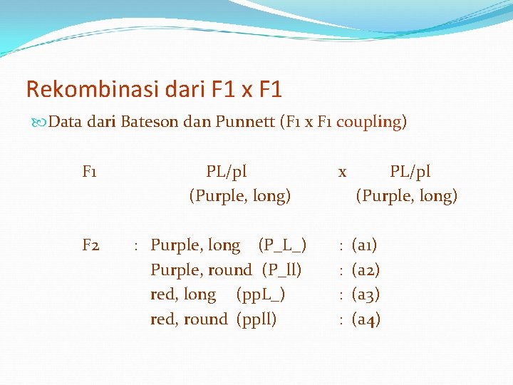 Rekombinasi dari F 1 x F 1 Data dari Bateson dan Punnett (F 1