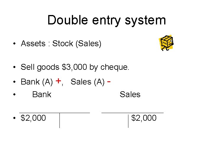 Double entry system • Assets : Stock (Sales) • Sell goods $3, 000 by