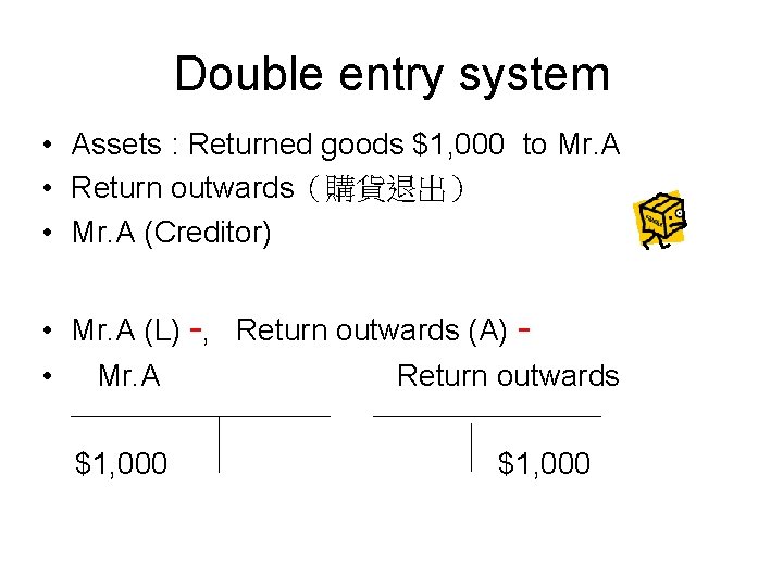 Double entry system • Assets : Returned goods $1, 000 to Mr. A •