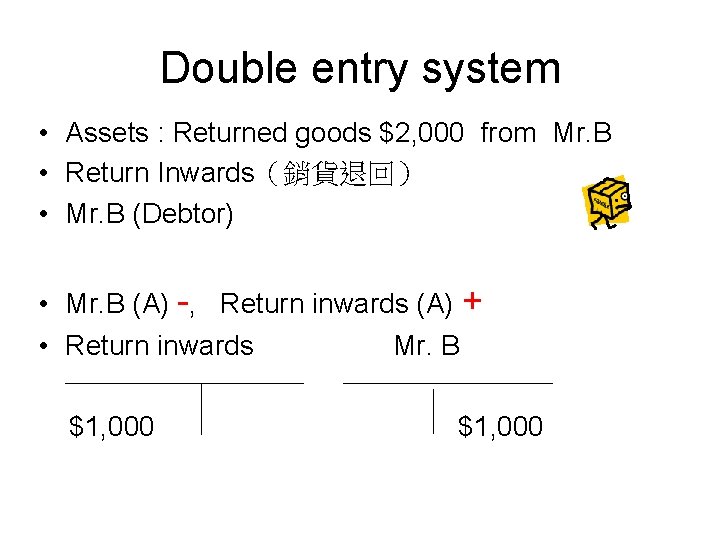 Double entry system • Assets : Returned goods $2, 000 from Mr. B •