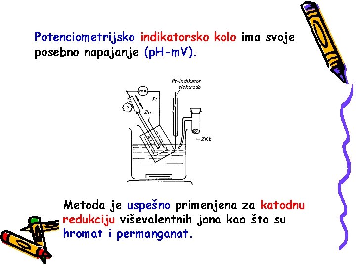 Potenciometrijsko indikatorsko kolo ima svoje posebno napajanje (p. H-m. V). Metoda je uspešno primenjena