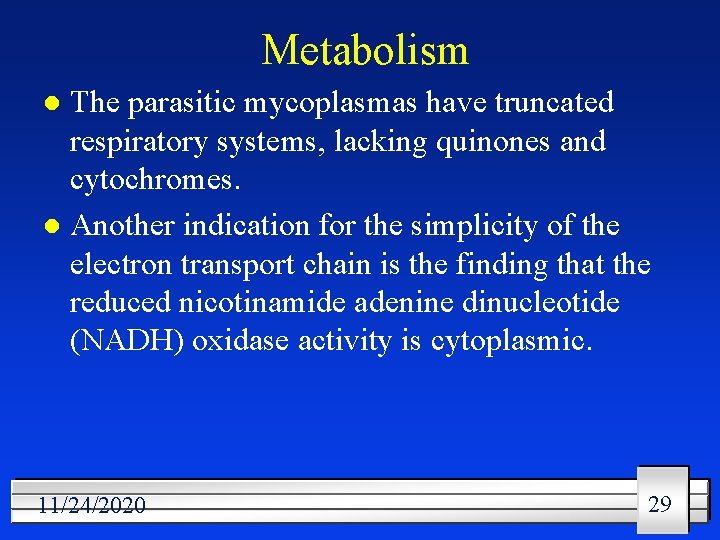 Metabolism The parasitic mycoplasmas have truncated respiratory systems, lacking quinones and cytochromes. l Another