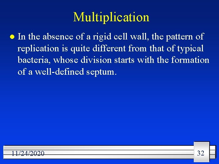 Multiplication l In the absence of a rigid cell wall, the pattern of replication