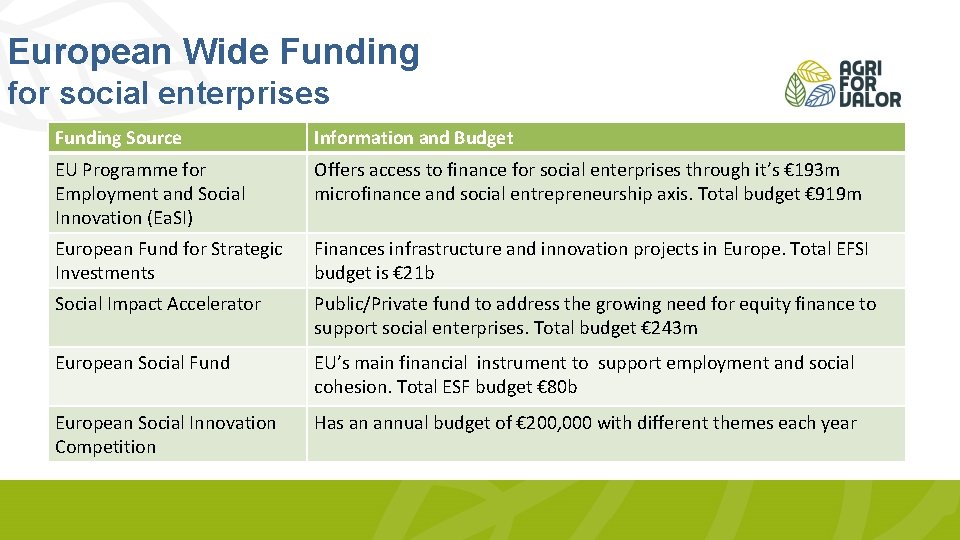 European Wide Funding for social enterprises Funding Source Information and Budget EU Programme for