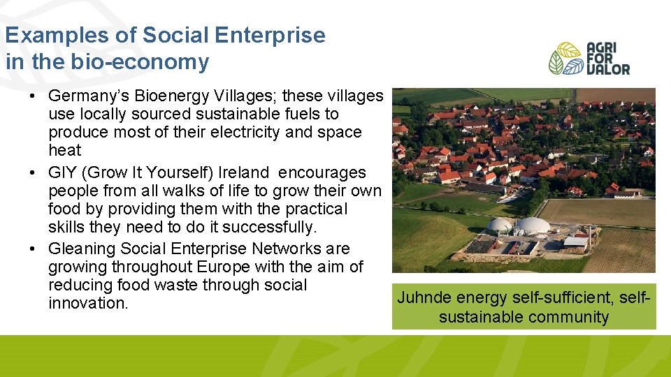 Examples of Social Enterprise in the bio-economy • Germany’s Bioenergy Villages; these villages use