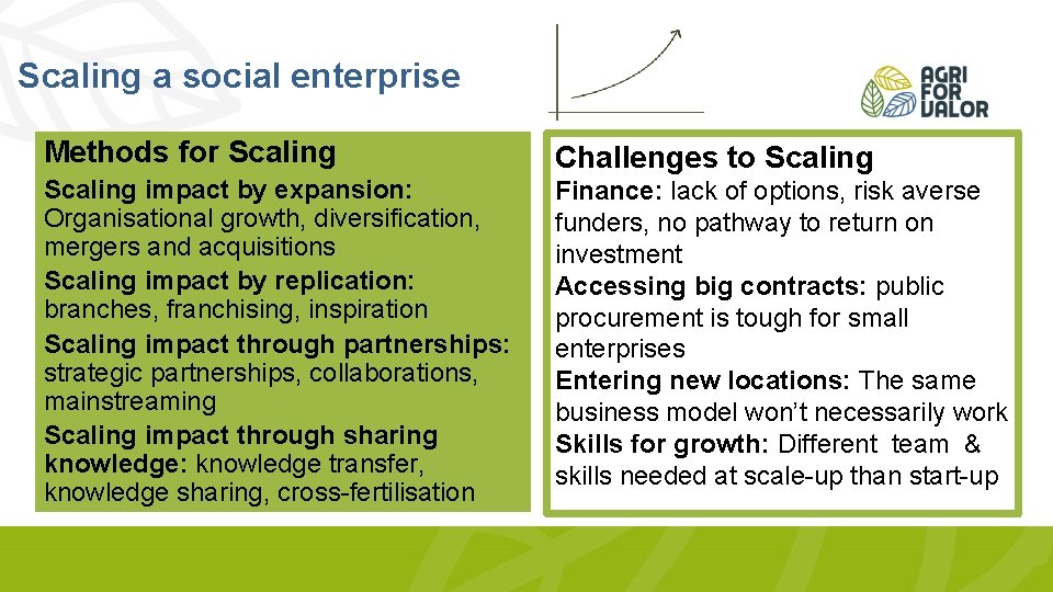 Scaling a social enterprise Methods for Scaling Challenges to Scaling impact by expansion: Organisational