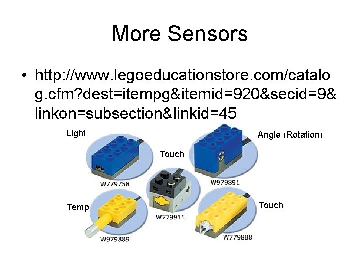 More Sensors • http: //www. legoeducationstore. com/catalo g. cfm? dest=itempg&itemid=920&secid=9& linkon=subsection&linkid=45 Light Angle (Rotation)