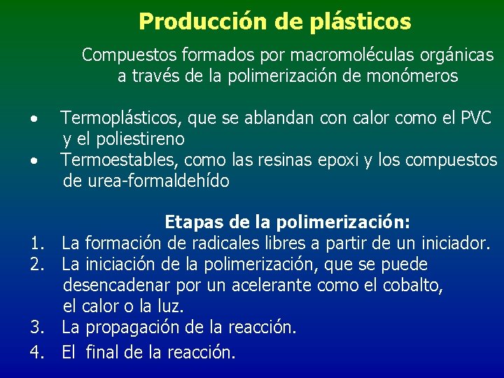  Producción de plásticos Compuestos formados por macromoléculas orgánicas a través de la polimerización
