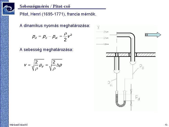 Sebességmérés / Pitot-cső Pitot, Henri (1695 -1771), francia mérnök. A dinamikus nyomás meghatározása: A