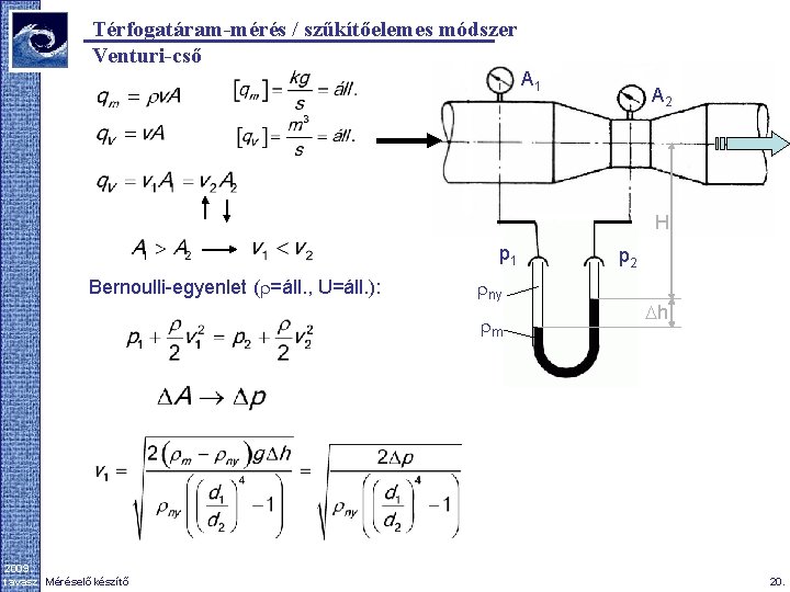 Térfogatáram-mérés / szűkítőelemes módszer Venturi-cső A 1 A 2 H p 1 Bernoulli-egyenlet (r=áll.