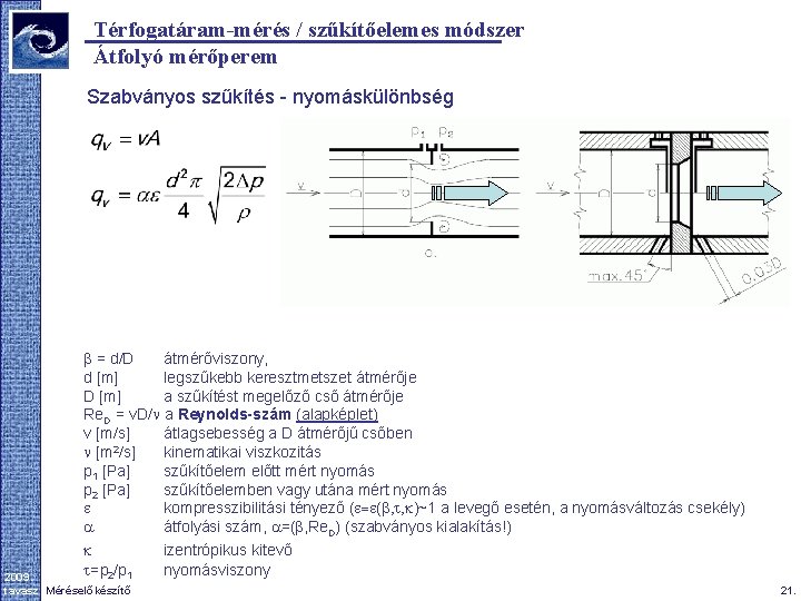 Térfogatáram-mérés / szűkítőelemes módszer Átfolyó mérőperem Szabványos szűkítés - nyomáskülönbség b = d/D átmérőviszony,