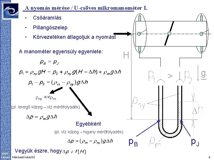 A nyomás mérése / U-csöves mikromanométer I. • Csőáramlás • Pillangószelep • Körvezetéken átlagoljuk