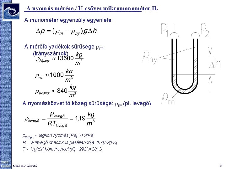 A nyomás mérése / U-csöves mikromanométer II. A manométer egyensúly egyenlete A mérőfolyadékok sűrűsége