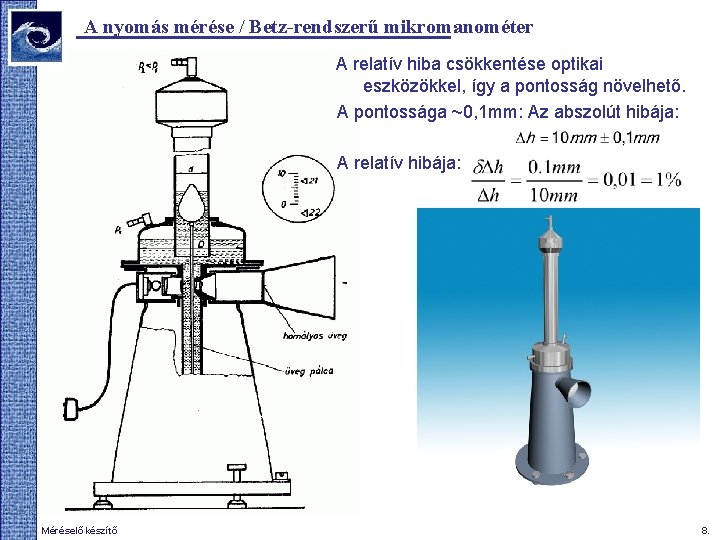 A nyomás mérése / Betz-rendszerű mikromanométer A relatív hiba csökkentése optikai eszközökkel, így a