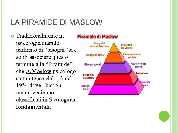 LA PIRAMIDE DI MASLOW Tradizionalmente in psicologia quando parliamo di “bisogni” si è soliti