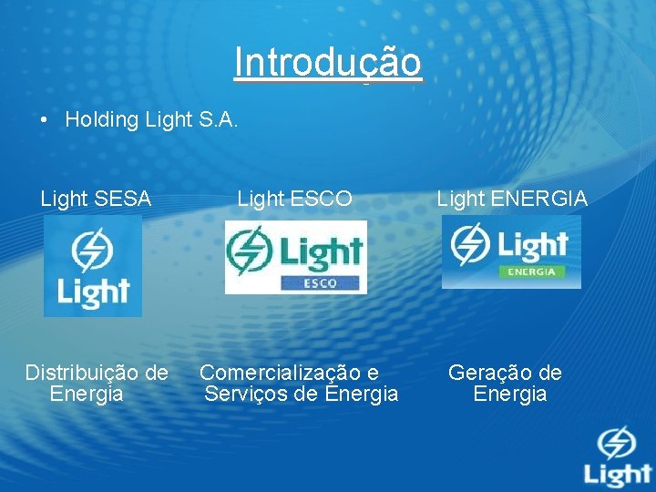 Introdução • Holding Light S. A. Light SESA Light ESCO Distribuição de Energia Comercialização