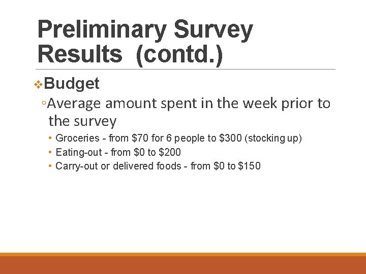 Preliminary Survey Results (contd. ) Budget ◦Average amount spent in the week prior to