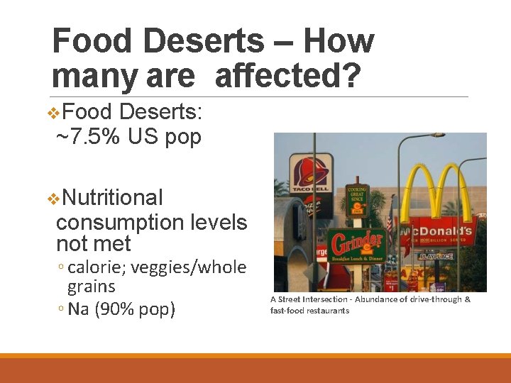 Food Deserts – How many are affected? Food Deserts: ~7. 5% US pop Nutritional