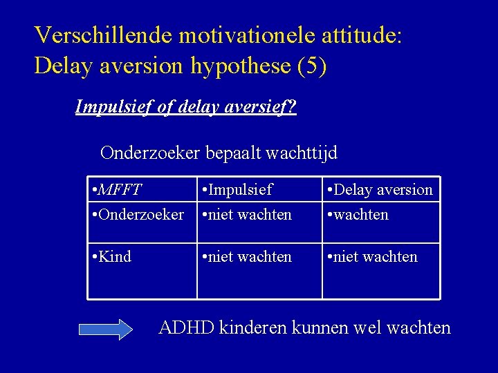 Verschillende motivationele attitude: Delay aversion hypothese (5) Impulsief of delay aversief? Onderzoeker bepaalt wachttijd