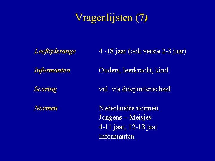 Vragenlijsten (7) Leeftijdsrange Informanten Scoring Normen 4 -18 jaar (ook versie 2 -3 jaar)