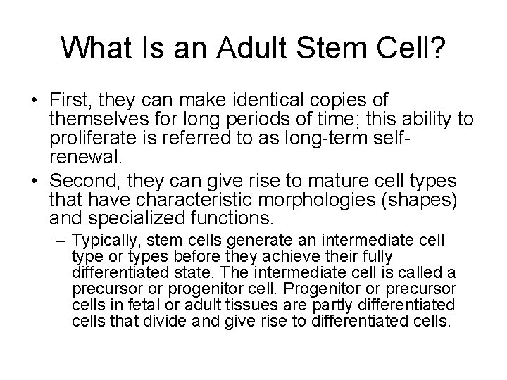 What Is an Adult Stem Cell? • First, they can make identical copies of