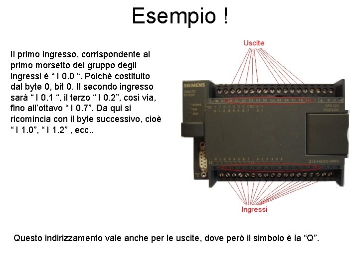 Esempio ! Il primo ingresso, corrispondente al primo morsetto del gruppo degli ingressi è
