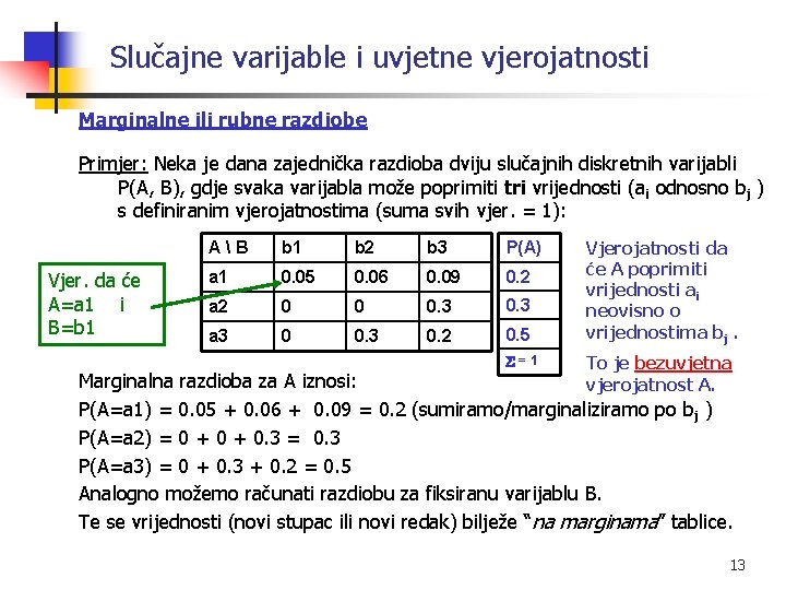 Slučajne varijable i uvjetne vjerojatnosti Marginalne ili rubne razdiobe Primjer: Neka je dana zajednička