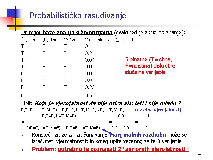 Probabilističko rasuđivanje Primjer baze znanja o životinjama (svaki red je apriorno znanje): (P)tica T