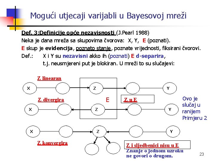 Mogući utjecaji varijabli u Bayesovoj mreži Def. 3: Definicije opće nezavisnosti (J. Pearl 1988)