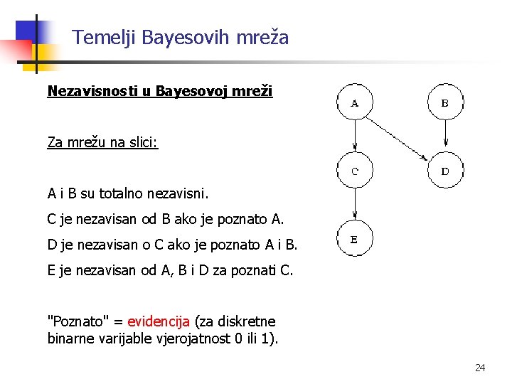 Temelji Bayesovih mreža Nezavisnosti u Bayesovoj mreži Za mrežu na slici: A i B