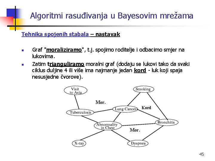 Algoritmi rasuđivanja u Bayesovim mrežama Tehnika spojenih stabala – nastavak n n Graf "moraliziramo",