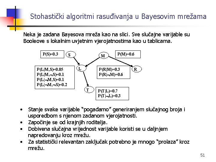 Stohastički algoritmi rasuđivanja u Bayesovim mrežama Neka je zadana Bayesova mreža kao na slici.