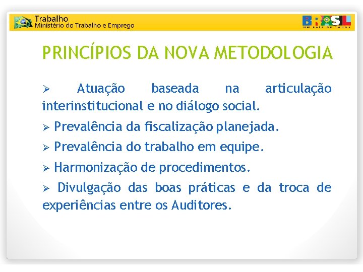 PRINCÍPIOS DA NOVA METODOLOGIA Atuação baseada na articulação interinstitucional e no diálogo social. Ø