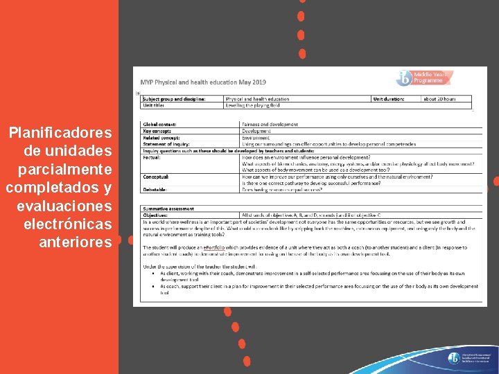 Planificadores de unidades parcialmente completados y evaluaciones electrónicas anteriores © International Baccalaureate Organization 2019