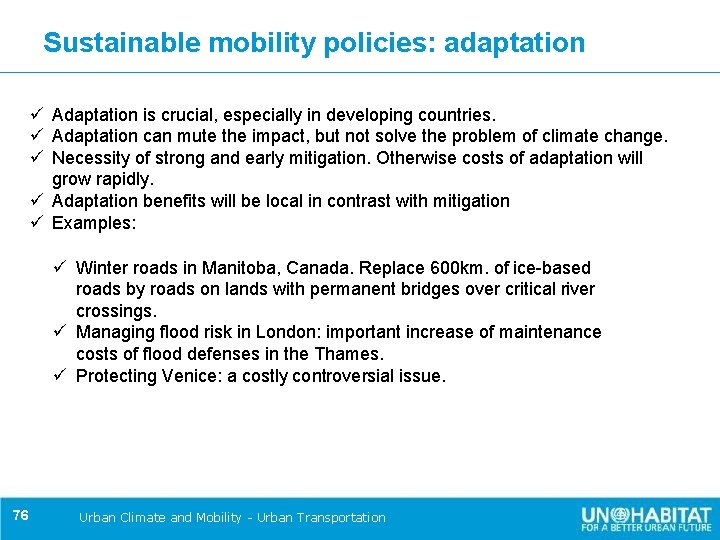 Sustainable mobility policies: adaptation ü Adaptation is crucial, especially in developing countries. ü Adaptation