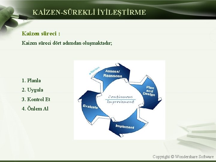 KAİZEN-SÜREKLİ İYİLEŞTİRME Kaizen süreci : Kaizen süreci dört adımdan oluşmaktadır; 1. Planla 2. Uygula