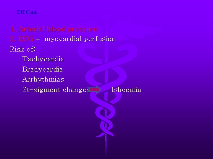 DH Cont. . 1. Arterial blood pressure 2. ECG – myocardial perfusion Risk of: