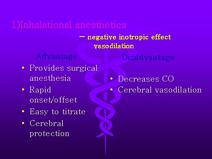 1)Inhalational anesthetics – negative inotropic effect vasodilation • • Advantage Provides surgical anesthesia Rapid