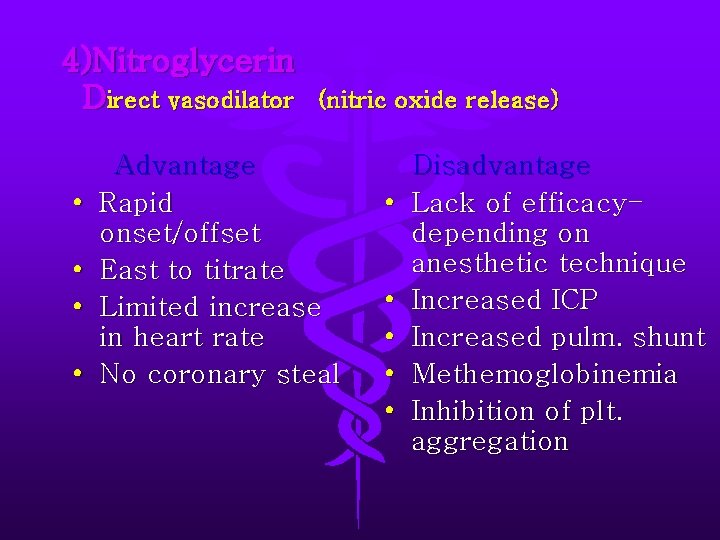 4)Nitroglycerin Direct vasodilator • • (nitric oxide release) Advantage Rapid onset/offset East to titrate