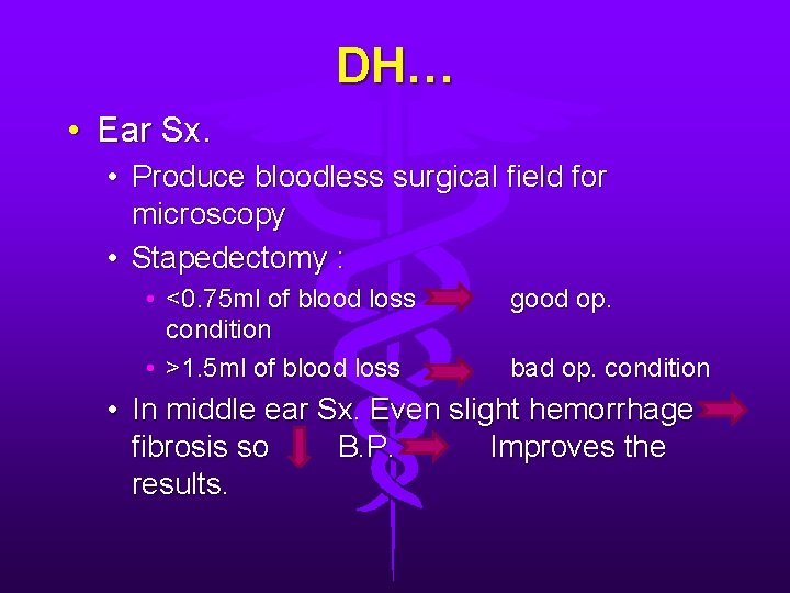 DH… • Ear Sx. • Produce bloodless surgical field for microscopy • Stapedectomy :