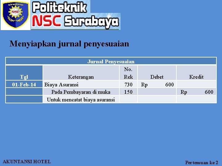 Menyiapkan jurnal penyesuaian Tgl 01 -Feb-14 Jurnal Penyesuaian No. Keterangan Rek Debet Kredit Biaya